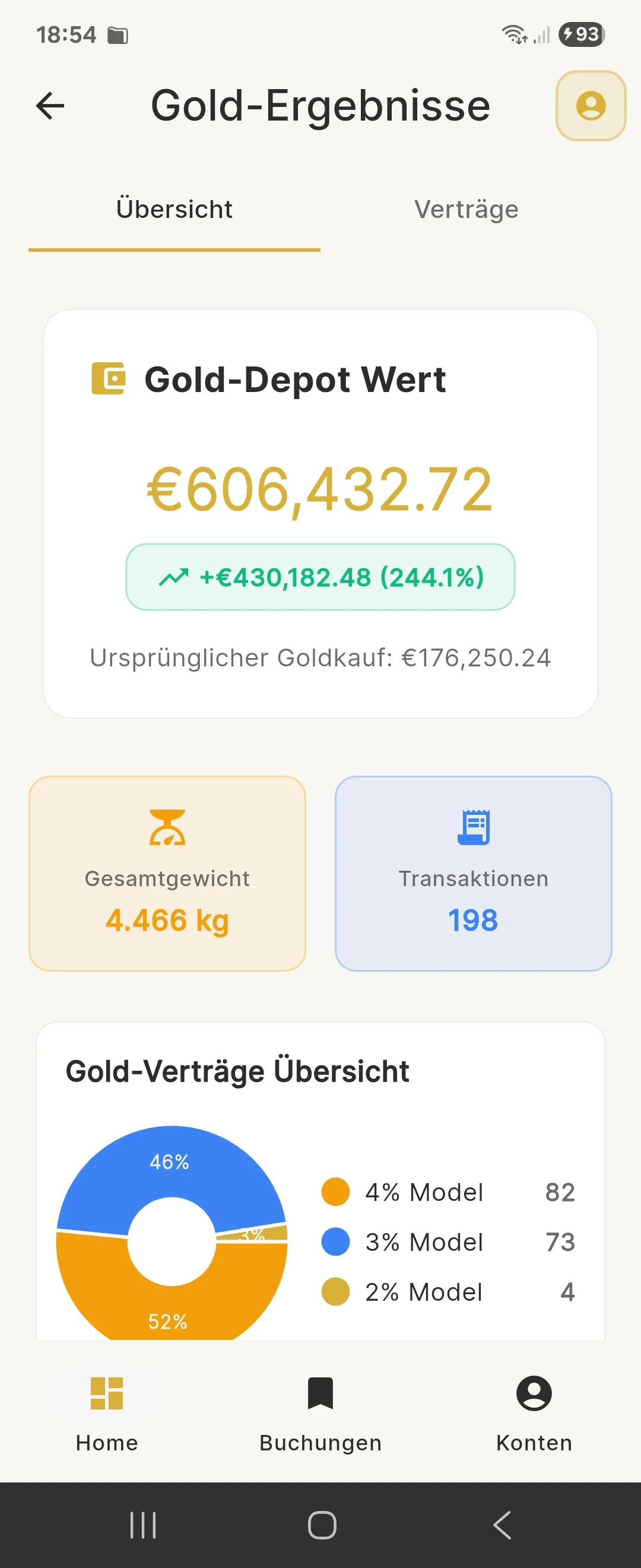 GoldenRatio App: Golddepot-Übersicht mit aktuellem Wert, Wertzuwachs und Kaufmodellen